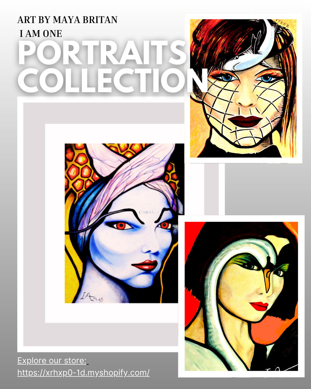 Artistic portraits with colorful designs on a gray background, featuring the text 'Portraits Collection' by Maya Britan.