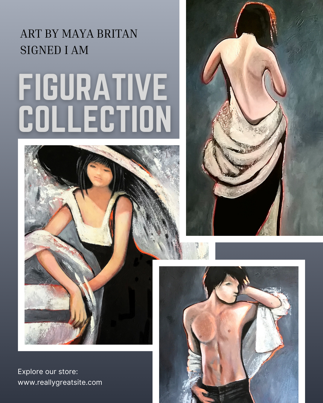 Gray Tone Black White and Light Collage of artistic figurative paintings by Maya Brittan with promotional text.