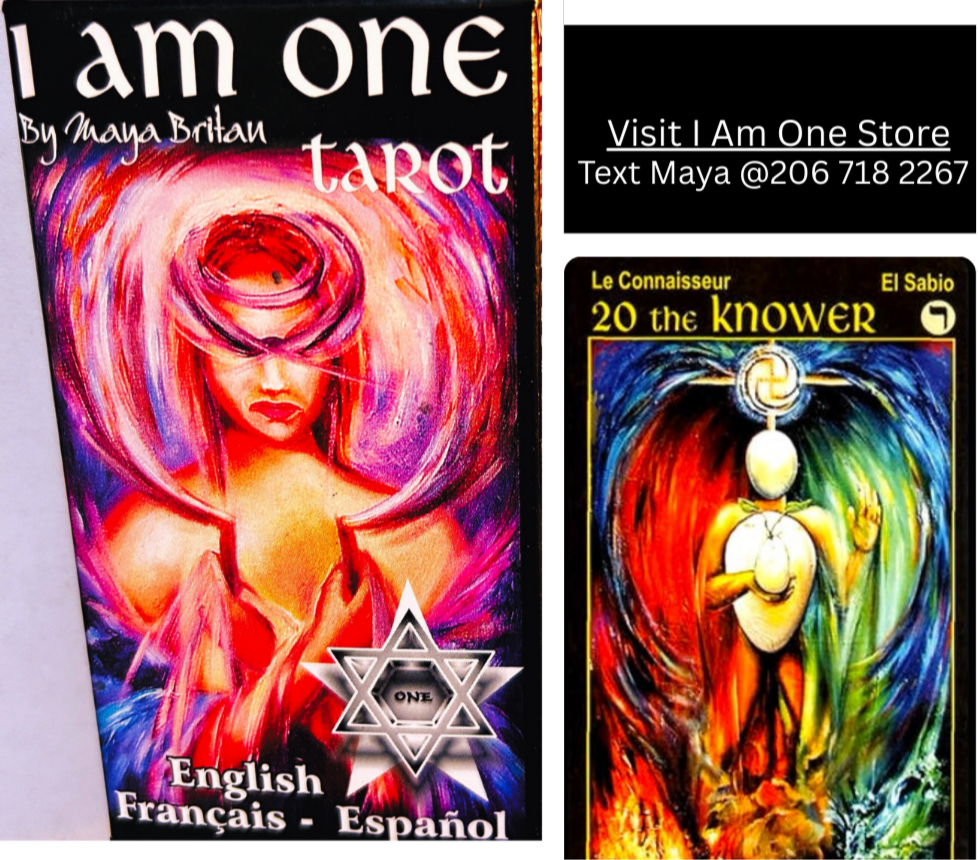 I am one Tarot book with colorful cover and promotional text about tarot deck and psychic readings.