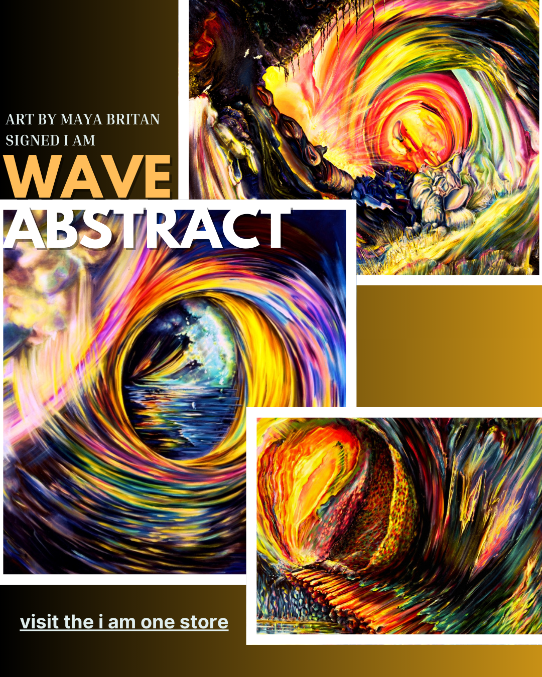 Collage of abstract wave paintings with colorful swirls and text overlay.